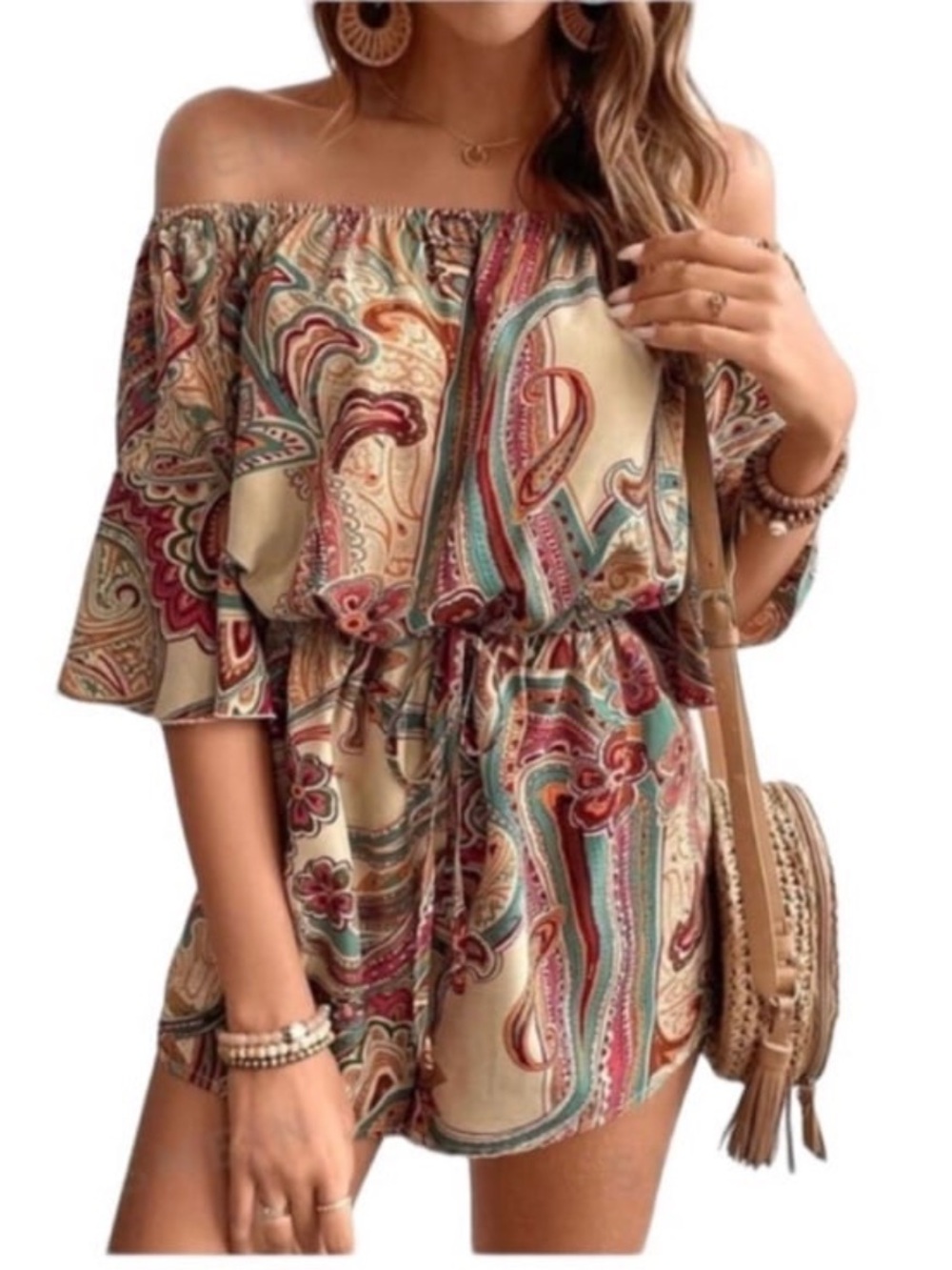 Off-Shoulder Paisley Romper in Beige with Teal & Coral